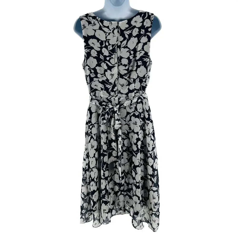 R&K Navy Blue & White Floral Cap Sleeve Fit & Flare Cottage Summer Dress 10 - Picture 2 of 9